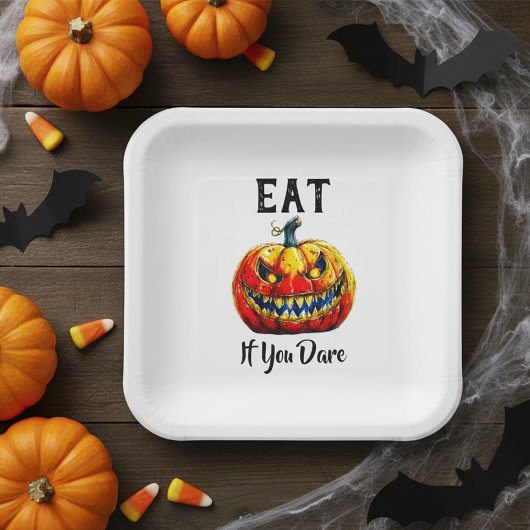 Assiettes En Carton White Eat if you dare Halloween Ghastly Pumpkin