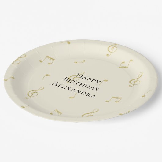 Assiettes En Carton White Gold Music Notes Birthday (Angle)