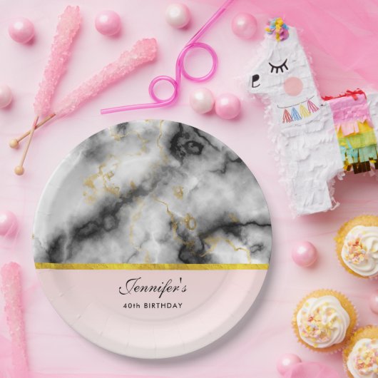 Assiettes En Carton White Gray Marble with Gold Ribbon (Fête)