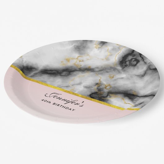 Assiettes En Carton White Gray Marble with Gold Ribbon (Angle)