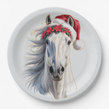 White Horse Christmas Paper Plate