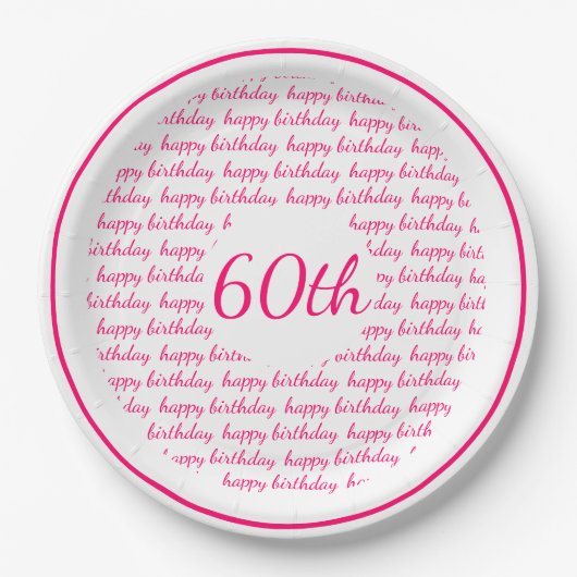 Assiettes En Carton White Hot Pink 60e Joyeuse Typographie d'anniversa (Devant)