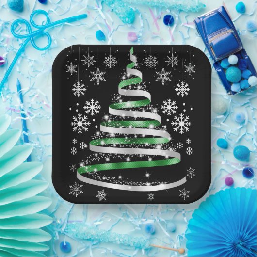 Assiettes En Carton White Snowflake Silver Green Ribbon Christmas Tree (Fête)