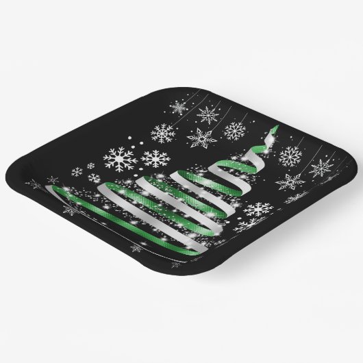Assiettes En Carton White Snowflake Silver Green Ribbon Christmas Tree (Angulaire)