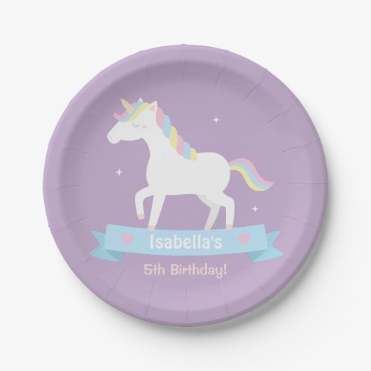 Assiettes En Carton White Unicorn Girls Birthday Purple Party Plaques (Devant)