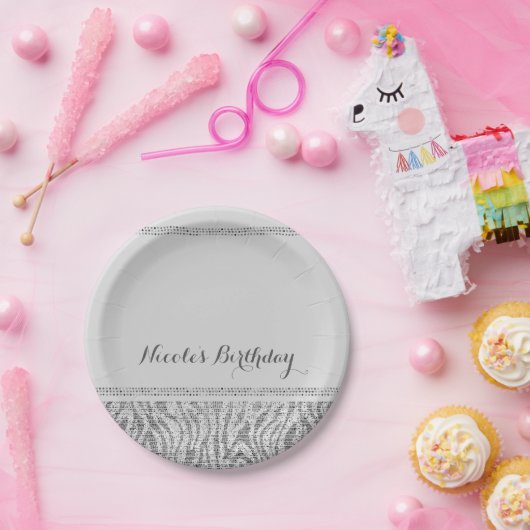 Assiettes En Carton White Zebra Sequins Glam Modern Party (Fête)