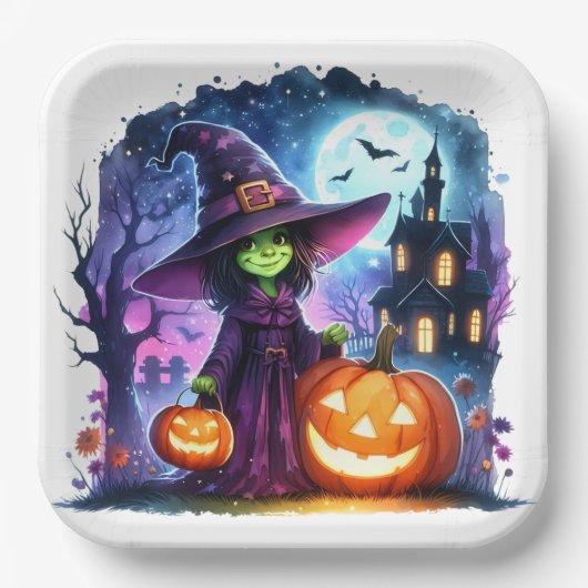 Assiettes En Carton Wicked Éffrayant mignonne sorcière Halloween Plaqu (Recto)