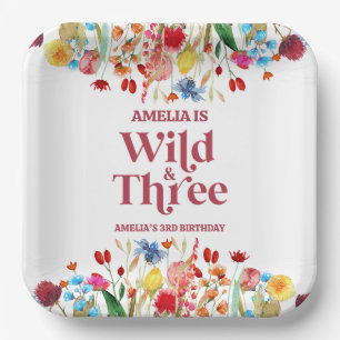 Assiettes En Carton Wild and Three Fleur sauvage Troisième fête d'anni