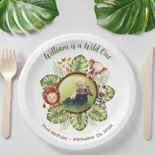 Assiettes En Carton Wild One 1st Birthday Photo Safari Animaux Feuille