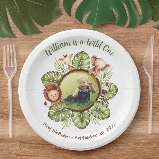 Assiettes En Carton Wild One 1st Birthday Photo Safari Animaux Feuille