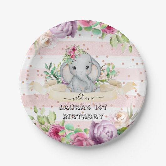 Assiettes En Carton Wild One - Baby Elephant and Flowers 1er anniversa (Devant)