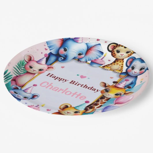 Assiettes En Carton Wild One Cute Animals Balloon girls Birthday (Angle)