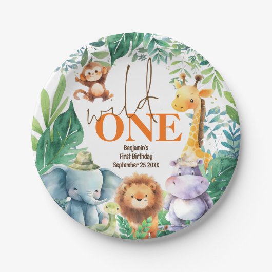 Assiettes En Carton Wild One Cute Safari Animaux 1er anniversaire (Devant)
