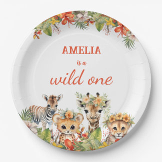 Assiettes En Carton Wild One First Birthday Girl Safari Jungle Animaux