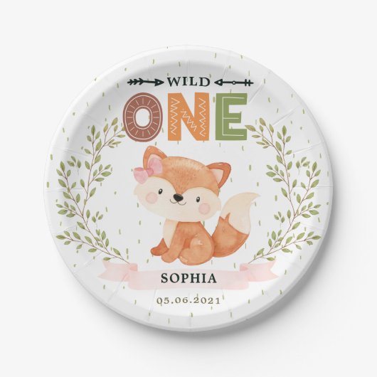 Assiettes En Carton Wild One Girl Baby Fox 1st Birthday Papier Plaque (Devant)