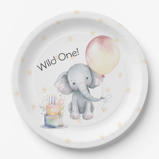 Assiettes En Carton Wild One mignonne Elephant Balloon Gâteau 1er anni (Devant)