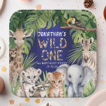 Assiettes En Carton Wild one Navy Blue Safari jungle 1er anniversaire<br><div class="desc">Célébrez le premier voyage de votre petit avec notre "Wild One Safari Animals Jungle Boy 1st Birthday Paper Plates", parfait pour ajouter une touche d'aventure au bain d'anniversaire de votre garçon. Chaque assiette est exquise et composée d'un charmant ensemble d'animaux de safari aquarellés, dont une girafe, un lion, un chimpanzé,...</div>