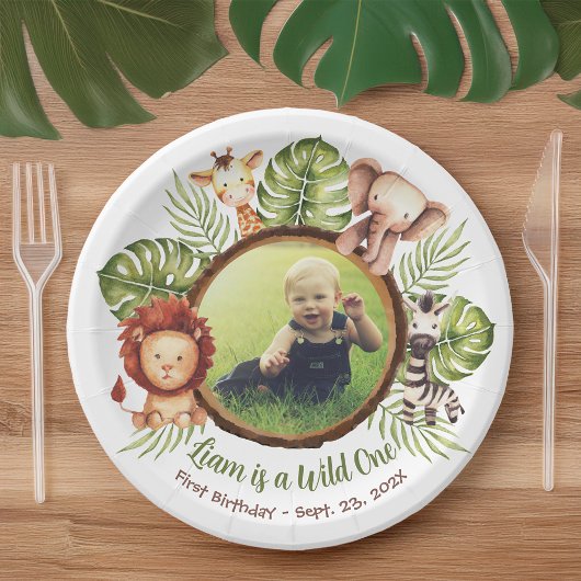 Assiettes En Carton Wild One Photo Jungle Animaux Feuilles 1er anniver