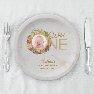 Assiettes En Carton Wild One Photo Rose Couronne Premier Anniversaire 