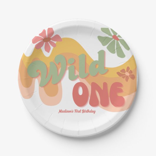 Assiettes En Carton Wild One Retro Rainbow Daisy 1er anniversaire (Devant)