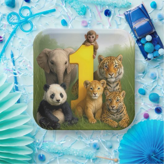 Assiettes En Carton Wildlife Animal Babies With a Number One (Fête)