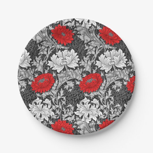Assiettes En Carton William Morris Chrysanthèmes, gris et rouge (Devant)