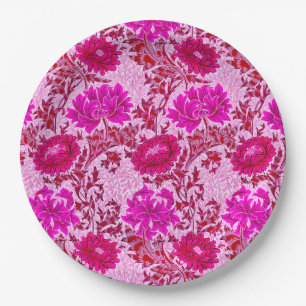 Assiettes En Carton William Morris Chrysanthemums Bourgogne et rose