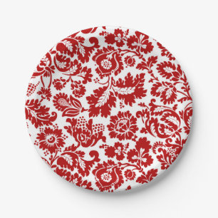 Assiettes En Carton William Morris Floral Damask, Deep Red et White