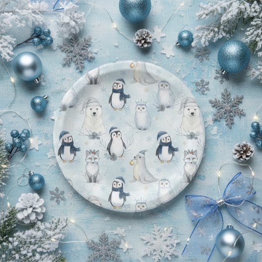 Assiettes En Carton Winter Arctic Animals Cute Penguin & Polar Bear