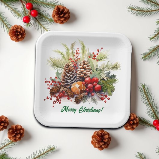 Assiettes En Carton Winter Berries Greenery Pine Cones