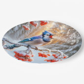 Assiettes En Carton Winter Blue Jay chantant sur un Berry Tree rouge (Angle)
