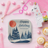 Assiettes En Carton Winter Landscape Forest Moon Navy Blue Drawing (Fête)