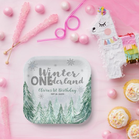 Assiettes En Carton Winter Onederland First Birthday Snowflakes Forest (Fête)