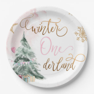 Assiettes En Carton Winter Onederland Girl Rose or 1er anniversaire