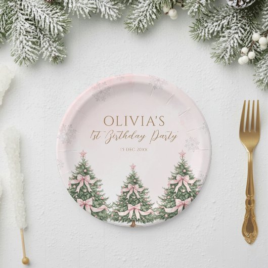 Assiettes En Carton Winter Onederland Pink Bow Pine Trees 1st Birthday