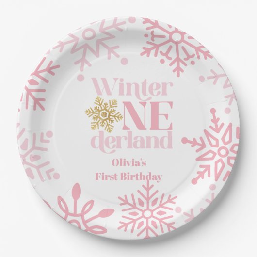 Assiettes En Carton Winter Onederland Pink Snowflake 1er anniversaire (Devant)