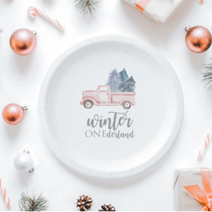 Assiettes En Carton Winter Onederland Premier anniversaire camion rose