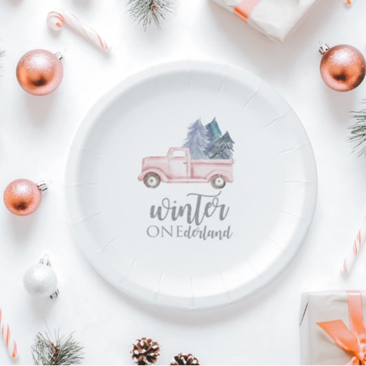 Assiettes En Carton Winter Onederland Premier anniversaire camion rose