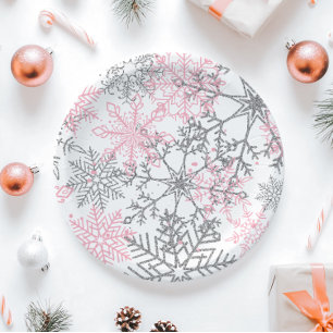 Assiettes En Carton Winter Onederland Rose Argent Flocon de Neige