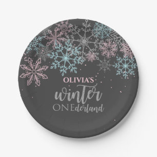 Assiettes En Carton Winter Onederland Rose bleu argent parties scintil