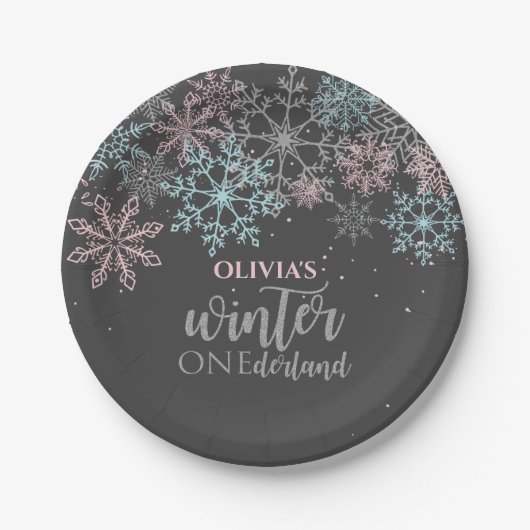 Assiettes En Carton Winter Onederland Rose bleu argent parties scintil (Devant)