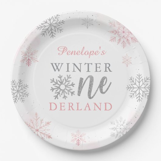 Assiettes En Carton Winter Onederland Silver Pink Parties scintillant  (Devant)