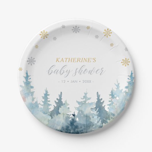 Assiettes En Carton Winter Wonderland Gold & Silver Snow Baby shower (Devant)