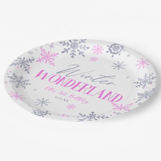 Assiettes En Carton Winter Wonderland Pink Snowflake fête d'anniversai (Angle)