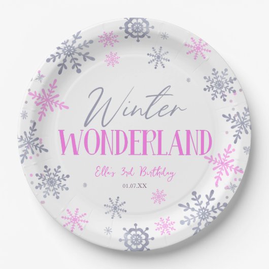 Assiettes En Carton Winter Wonderland Pink Snowflake fête d'anniversai (Devant)