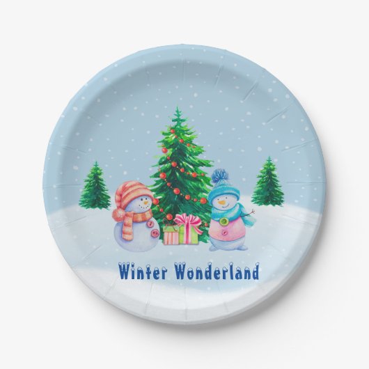 Assiettes En Carton Winter Wonderland Snowmen Plaque en papier (Devant)