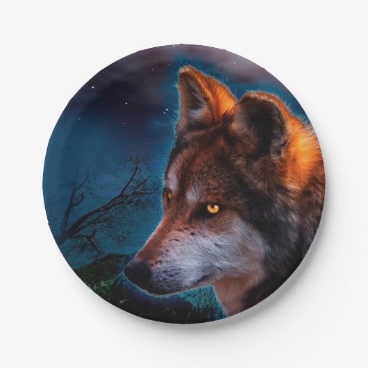 Assiettes En Carton Wolf et la lune à minuit (Devant)