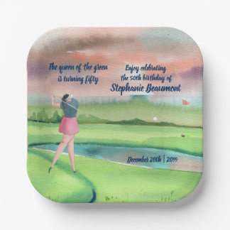 Assiettes En Carton Woman Golf Player Swinging Fifties 50th Birthday