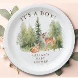 Assiettes En Carton Woodland Wonder Deer<br><div class="desc">Cette charmante décoration de baby showers présente une illustration charmante d'un cerf entouré de pins, créant un thème fantaisiste et d'inspiration nature pour l'occasion spéciale. La palette de couleurs douces et les détails complexes rendent ce design parfait pour une célébration sans sexe, que ce soit un bébé garçon ou une...</div>