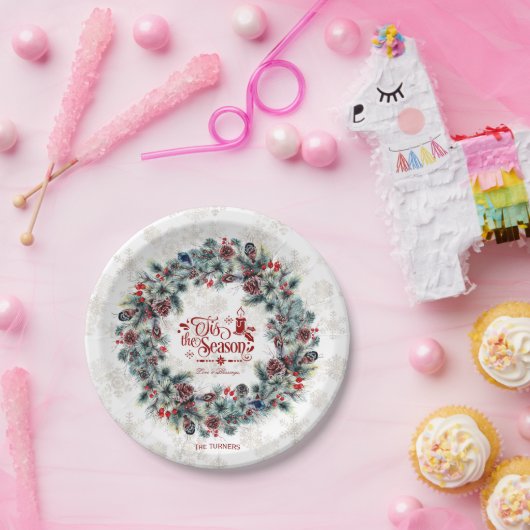 Assiettes En Carton Wreath 'Tis Season Monogramme (Fête)